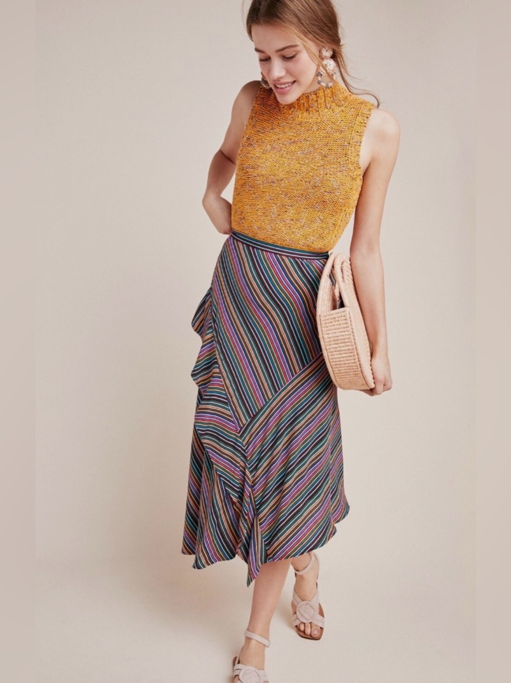 Anthropologie Maeve Eliora Striped Midi Skirt Rayon Machine Washable Size 12